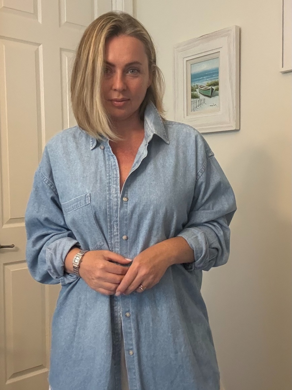 Light Blue Denim Button-Down Shirt - Classic Women's Top - Picture 3 of 11